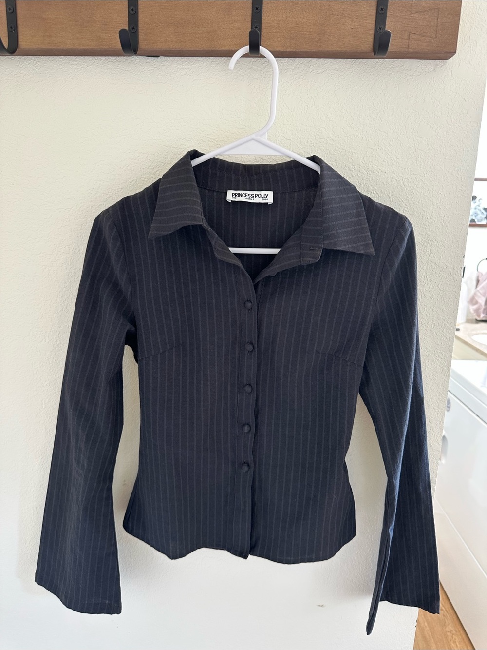 Princess Polly Black Pinstripe Button-Down Shirt - Tailored Fit